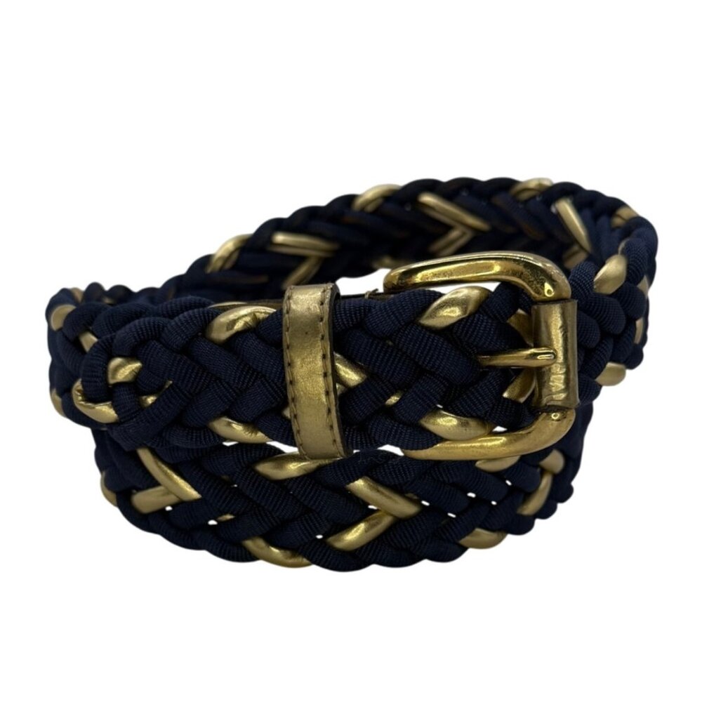Vintage 80s Donna Katz Navy Blue & Gold Braided Belt Nylon Faux Leather Medium